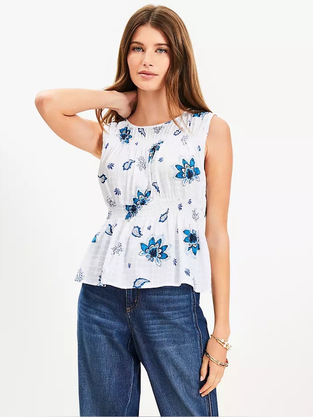 Loft White Sleeveless Smocked Peplum Top With Blue Floral Print L